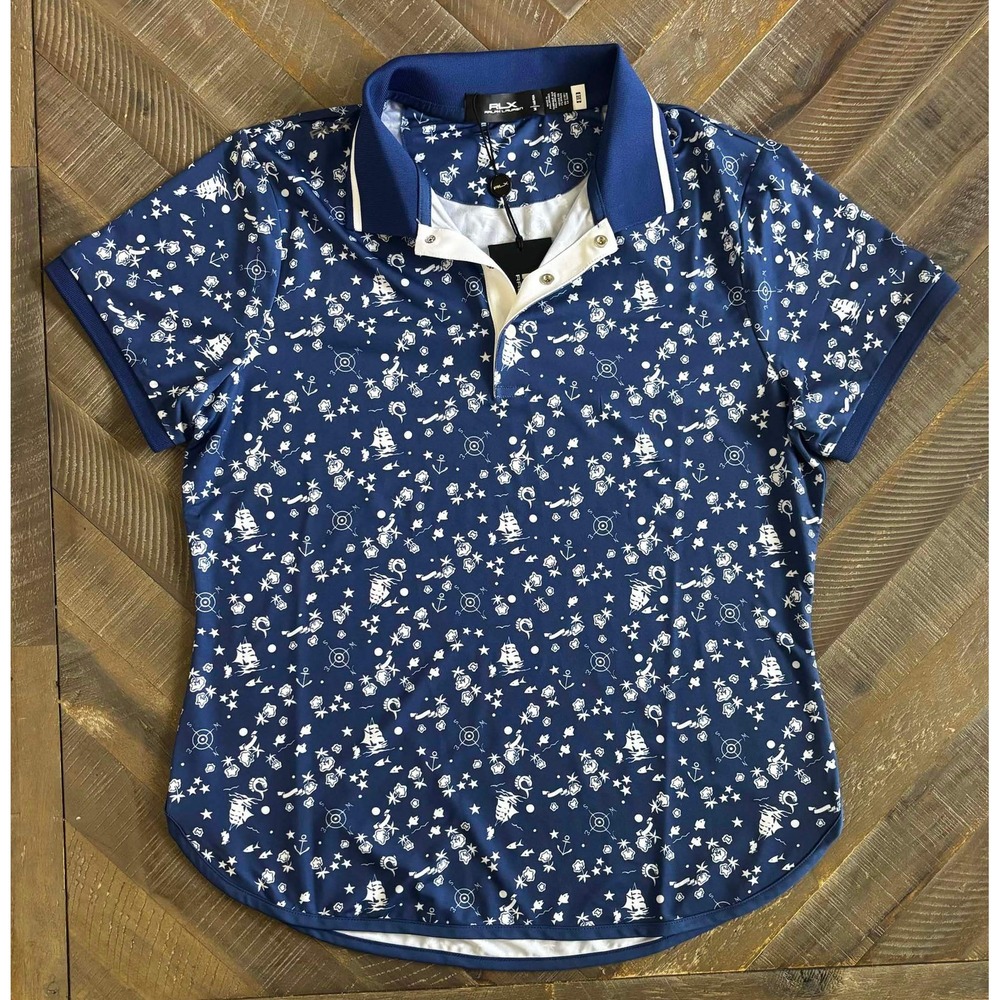 RLX Ralph Lauren Womens Golf Polo Shirt Blue Nautical Sailboat Print Size M NEW